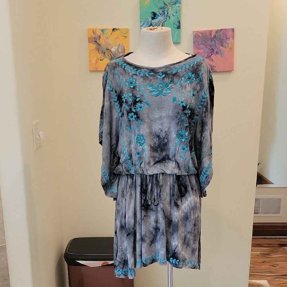 Double D Ranch Gray and Blue Floral Long Sleeve Dress